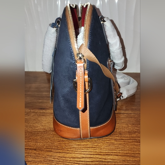 NWT** DOONEY & BOURKE - Dome Zip Satchel, Navy Suede and Tan Leather - Picture 4 of 10